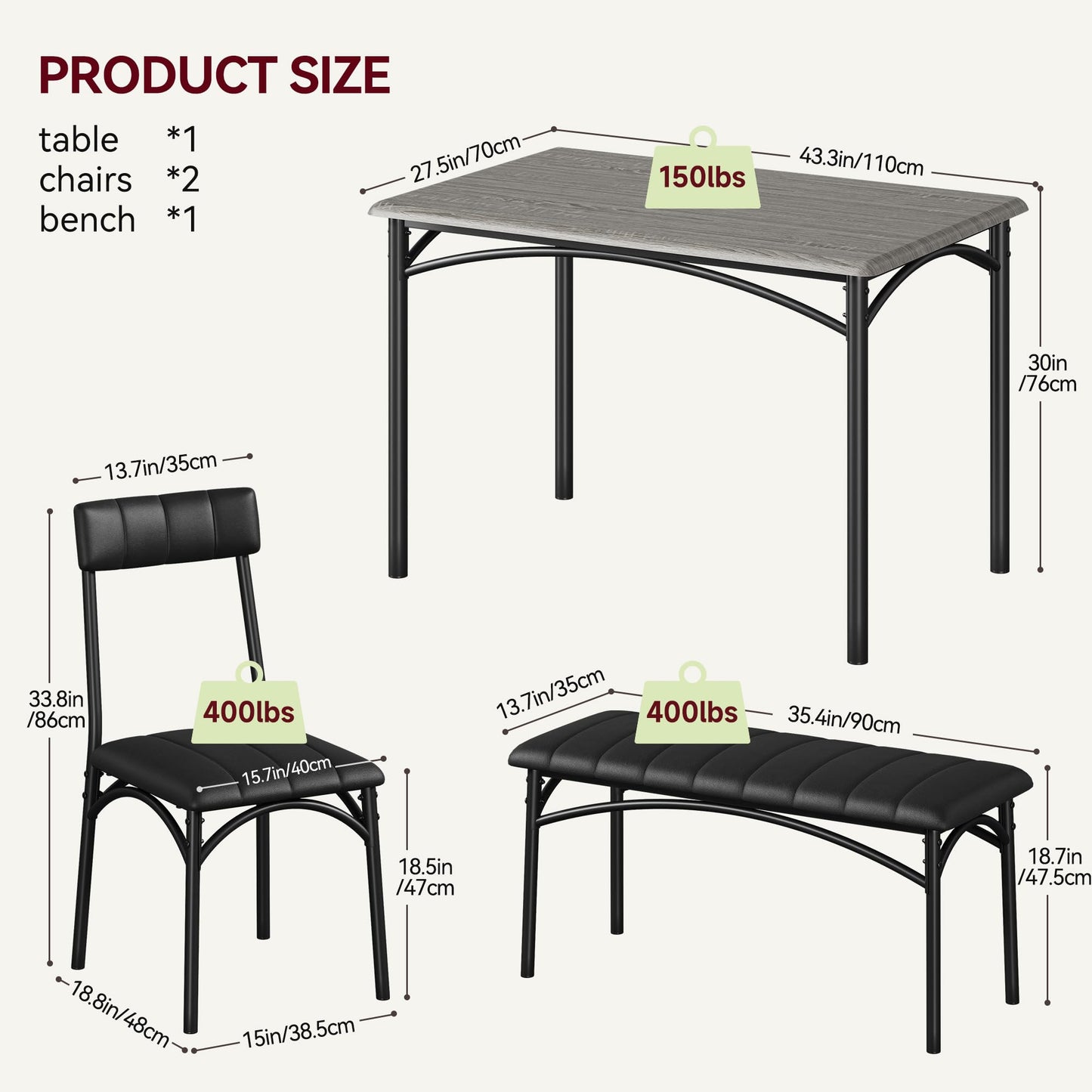 Crevyteg Space-Saving 4-Piece Dining Table Set Modern Industrial Kitchen Table with 2 Chairs and Bench for 4 Seater Dining Room Small Spaces