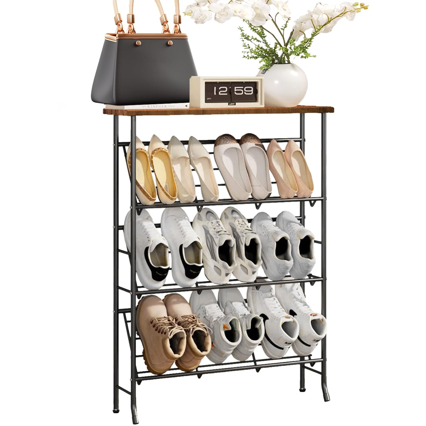 SHMSHNG Shoe Rack Slim Metal Shoe Rack with 4 Levels, Stackable Small Shoe Rack, Shoe Rack Organiser for 12-16 Pairs of Shoes