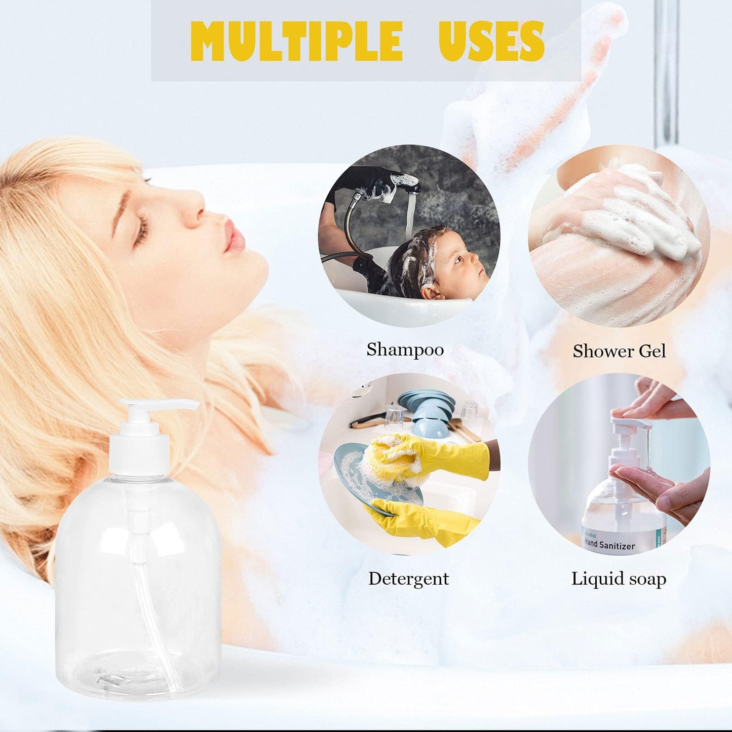 Yishik 16oz Clear Empty Plastic Shampoo Pump Bottles 3 Pack