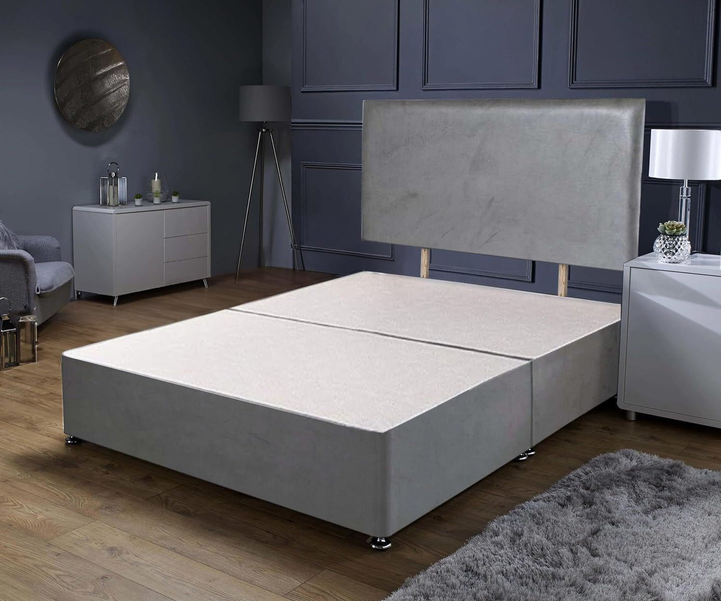 Savako Essential - 3ft Single Grey Plush Sturdy Divan Bed with a Padded 20 Inch Headboard with Chrome Feet - (90cm x 190cm)