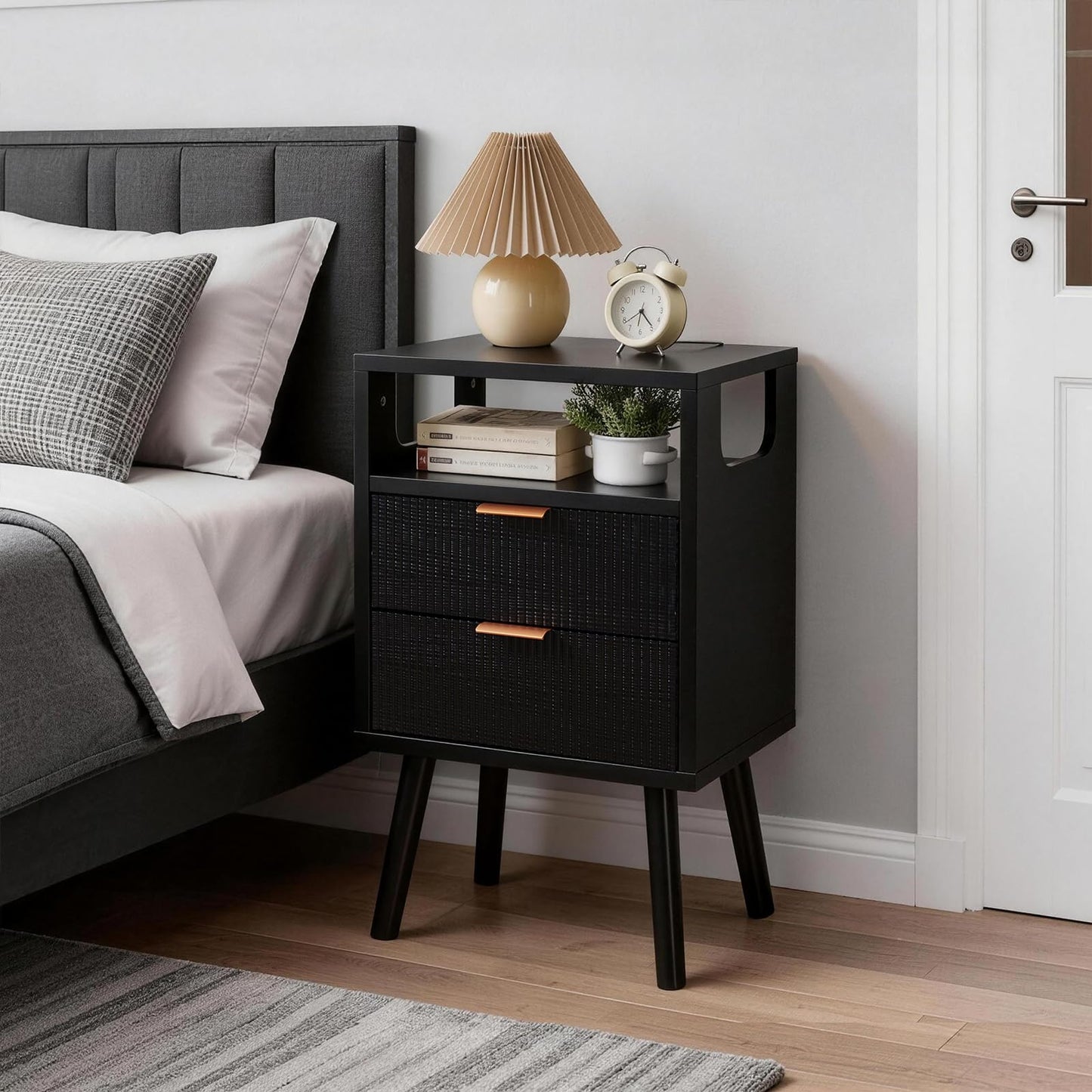 Aibiju Nightstand, Mid Century Modern Bedside Table with 2 Storage Drawers, Open Compartment, Solid Wood Legs, 3-Tier Night Table for Bedrooms