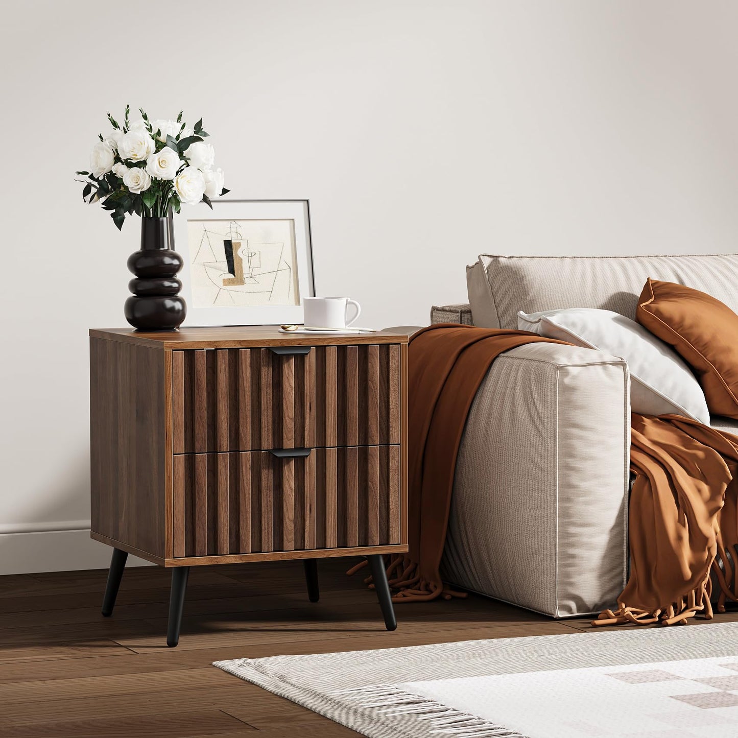 Nightstands, Walnut Fluted Night Stand, Mid Century Modern Nightstand, Bedside Table with Seamless Slatted Drawer, End Tables Bedroom with Metal Legs