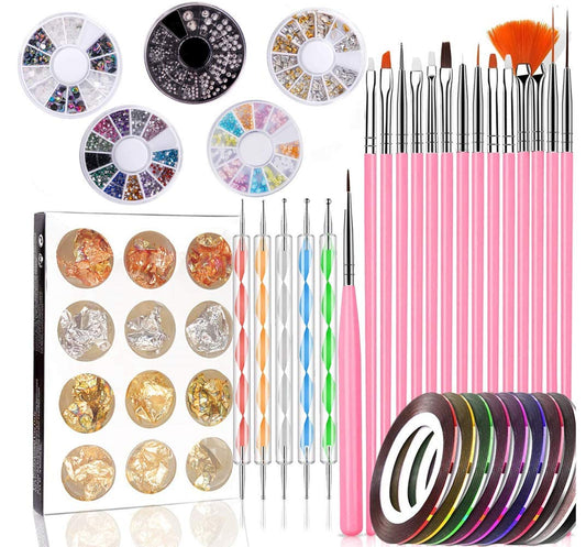 Nail Art Set 47 pieces Nail Art Tools 15 Nail Art Painted Pens 5 Dotting Pens 10 Rolls Nail Stripping Tape 5 Nail Rhinestones Crystals 12 Paillette