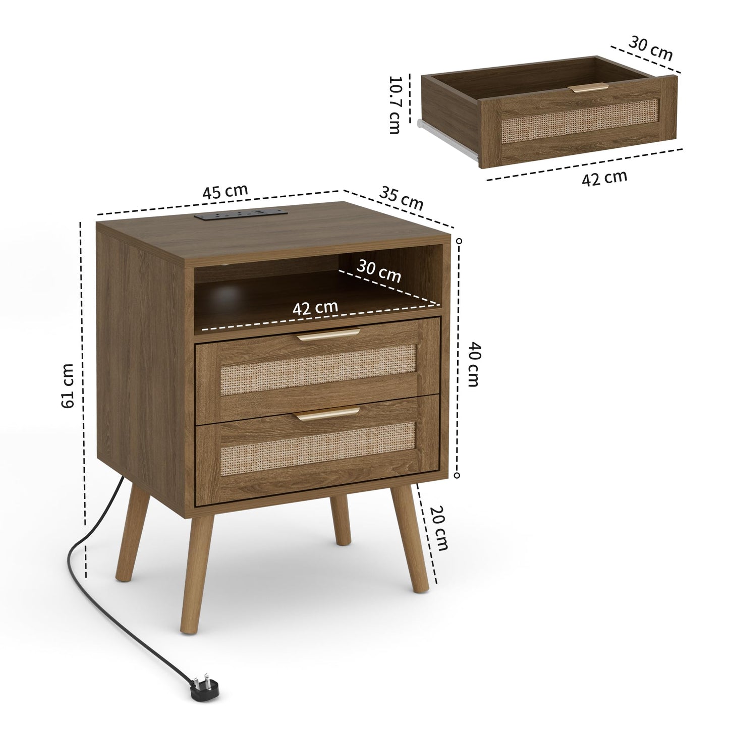 BonVache Bedside Tables Set of 2, Adjustable Lighting, Nightstand with LED Lights and Charging Station, Open Compartment and 2 Rattan Drawers