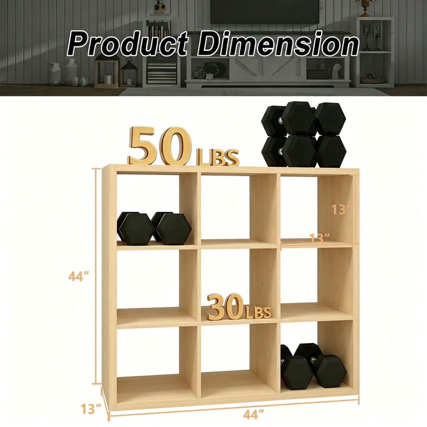 CTESNE【Wooden Thick Frame 9 Cube Storage Organizer Shelf with Anti-Tipping Kits + Reversible Open Back Bookcase