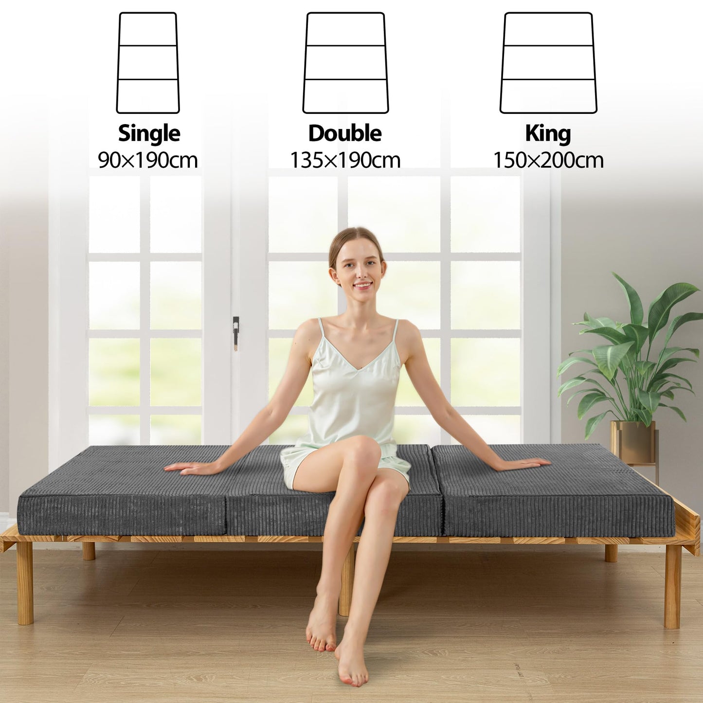 MAXYOYO Folding Corduroy Mattress, Tri Fold Floor Mattress 15cm thick with Washable Cover,Foldable in Three,Space-Saving for Guest (Charcoal, Single)