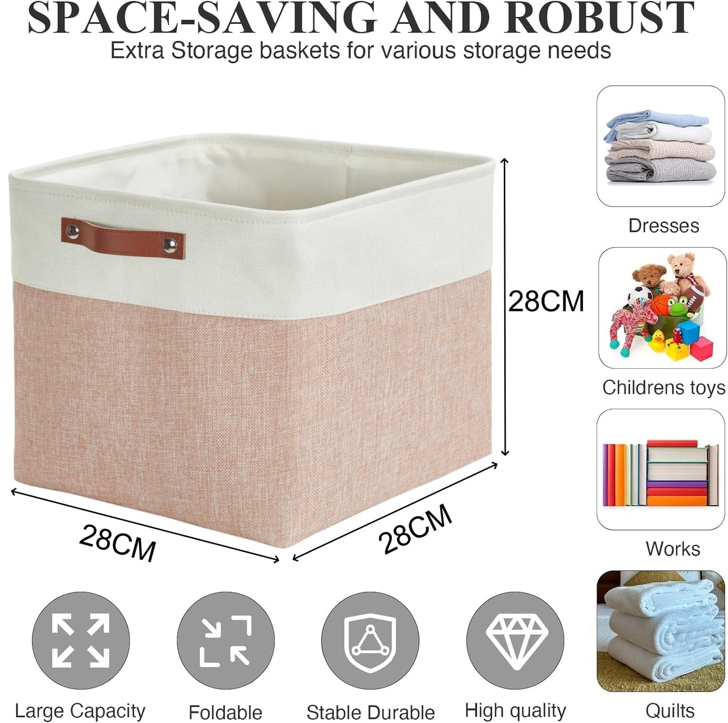 Mangata Collapsible Storage Cube Boxes, 28CM Cube Linen Woven Fabric Storage Baskets with Leather Handles 3PCS(Pink and White)