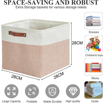 Mangata Collapsible Storage Cube Boxes, 28CM Cube Linen Woven Fabric Storage Baskets with Leather Handles 3PCSPink and White