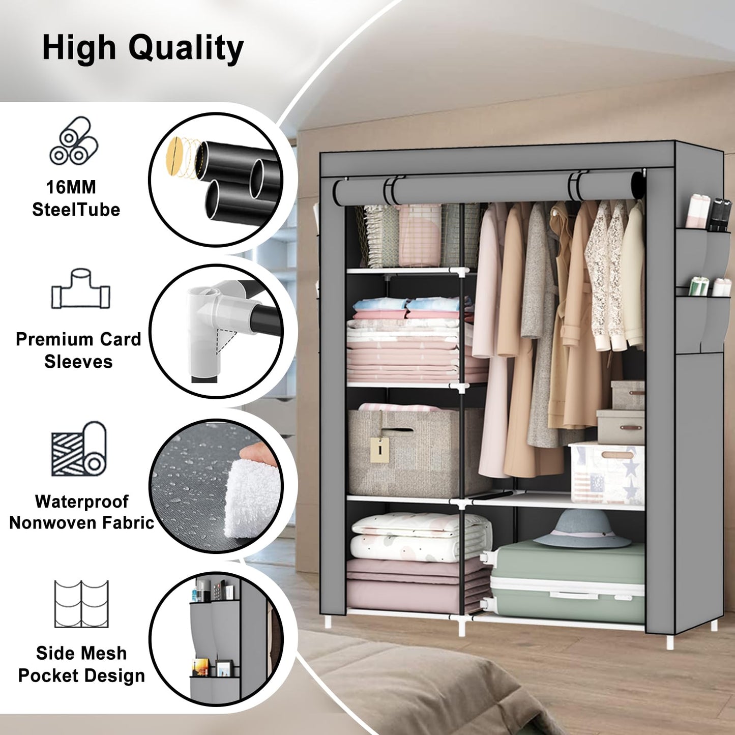OPPAIYA Canvas Wardrobe, Pop Up Fabric Wardrobe with Shelves and Hanging Rail,Great temporary wardrobes for bedrooms, portable wardrobes