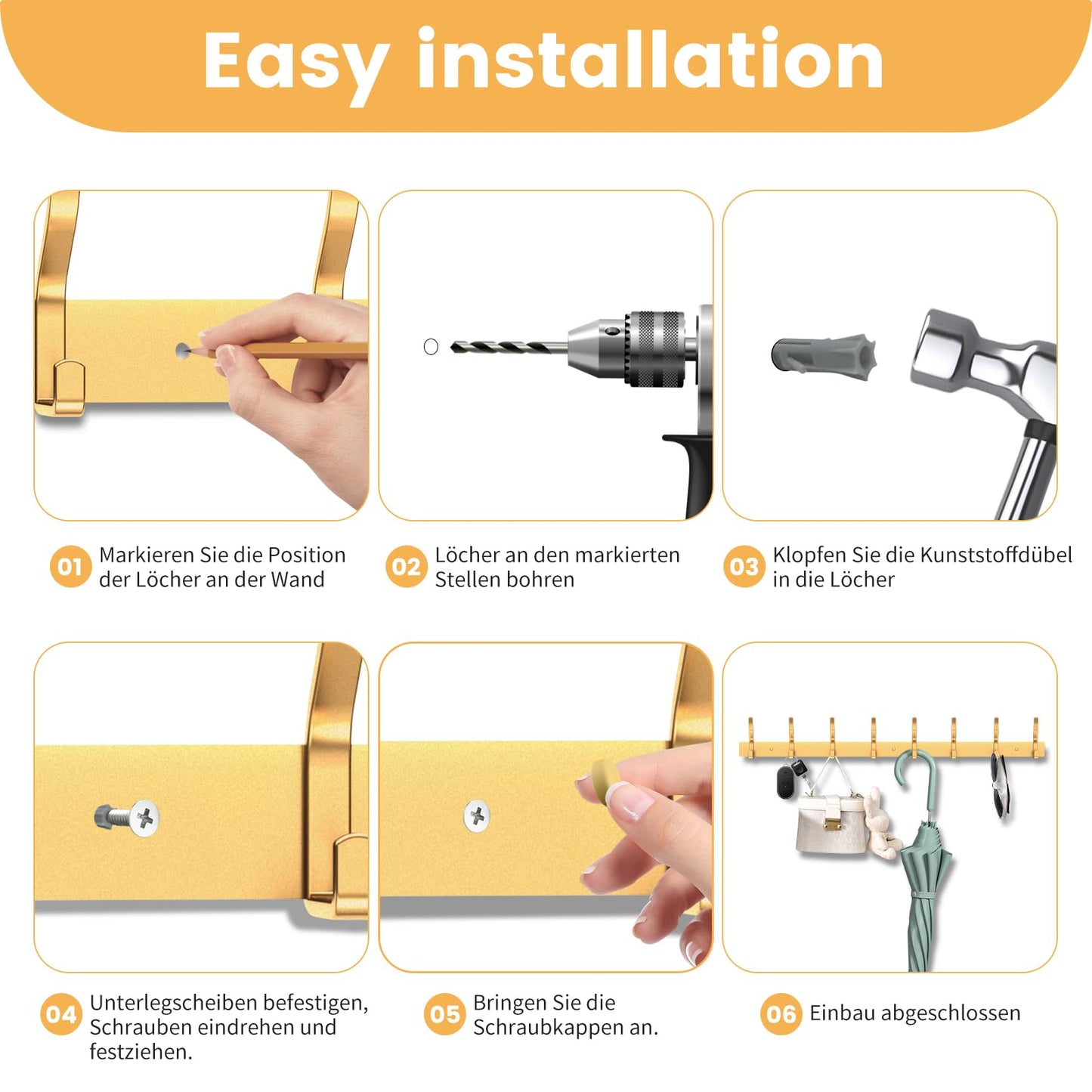 MEIJO Coat Hooks Wall Mounted Stainless Steel, Gold Coat Rack Wall Mounted with 6 Hooks Heavy Duty Coat Hooks for Door, Bathroom, Bedroom, Kitchen