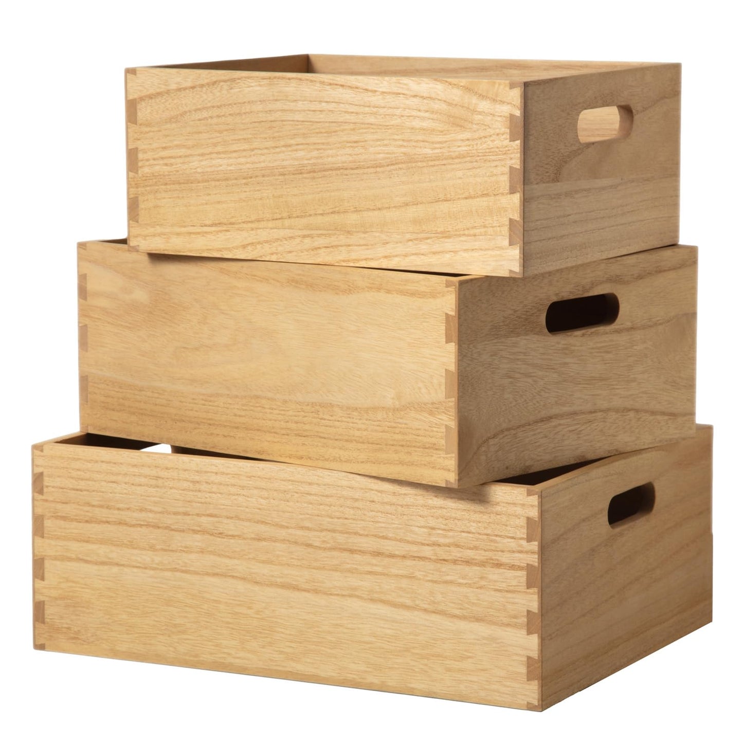 KIRIGEN Wooden Storage Crates with Handles, Set of 3, Natural