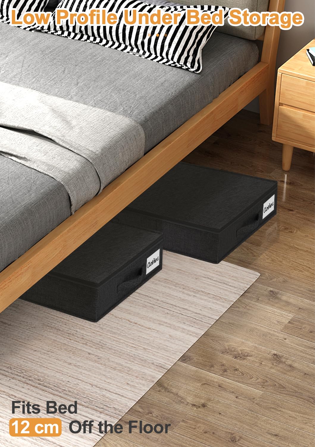 Huquter 40L 12cm Shallow Under Bed Storage Boxes with Lids, 2 Pack, Black
