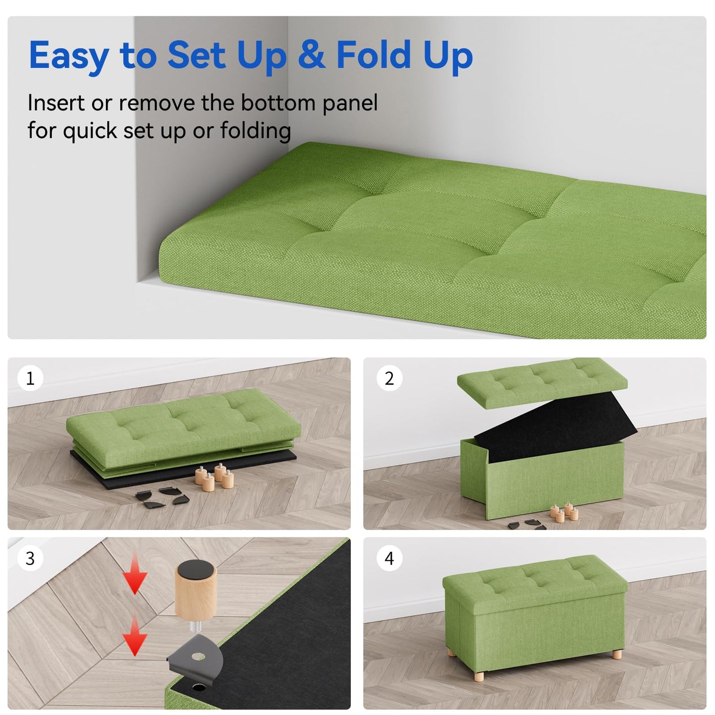 BRIAN & DANY Ottoman Storage Box with 4 Wood Legs, Linen Storage Ottoman for Living Room, Green, 76 x 38 x 38 cm