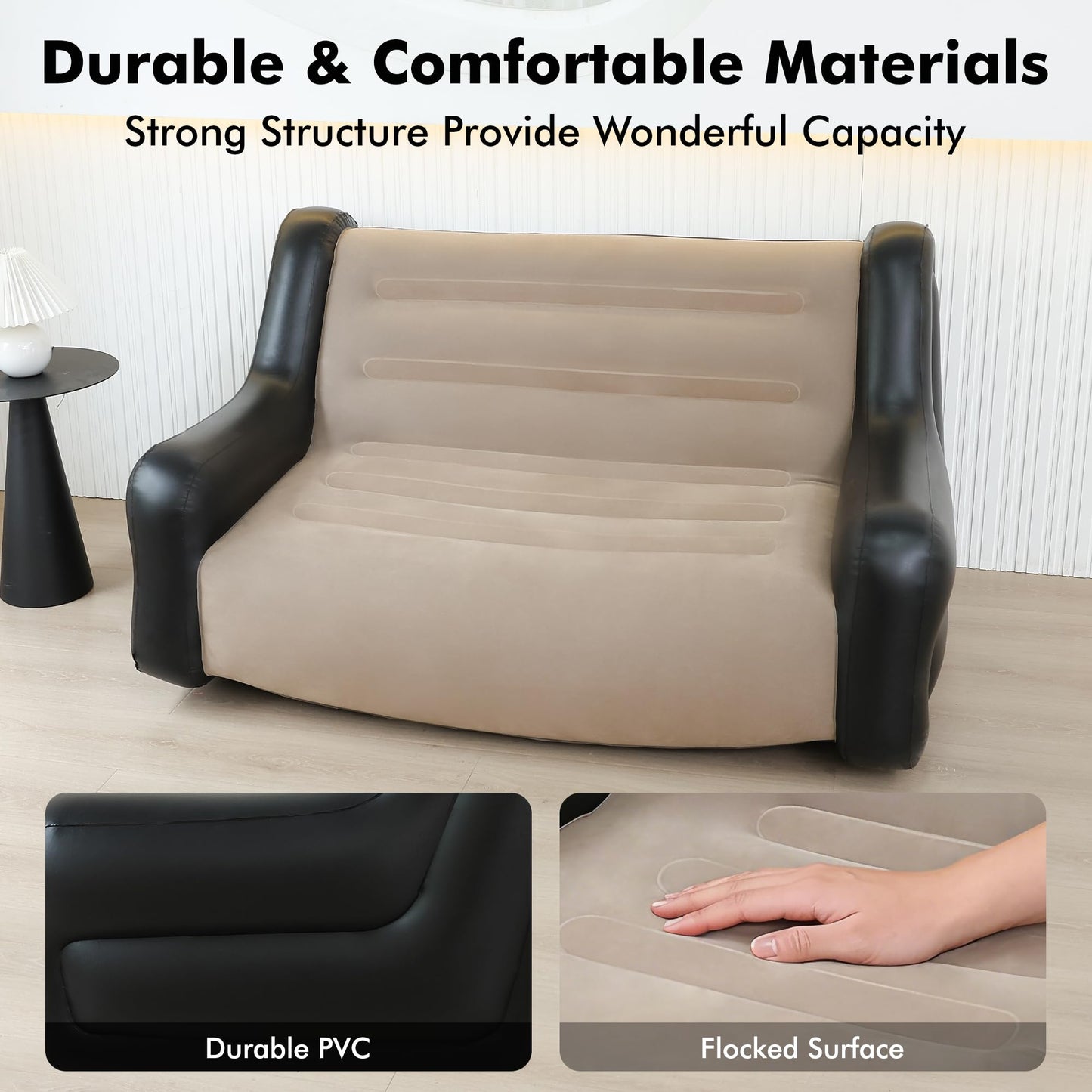 LONEEDY Inflatable Two-Tone Chair Sofa with Armrests Blow up Seat Game Room Lounger, Outdoor Camping Garden Couches Soft Plush Fabric for Adults Kids