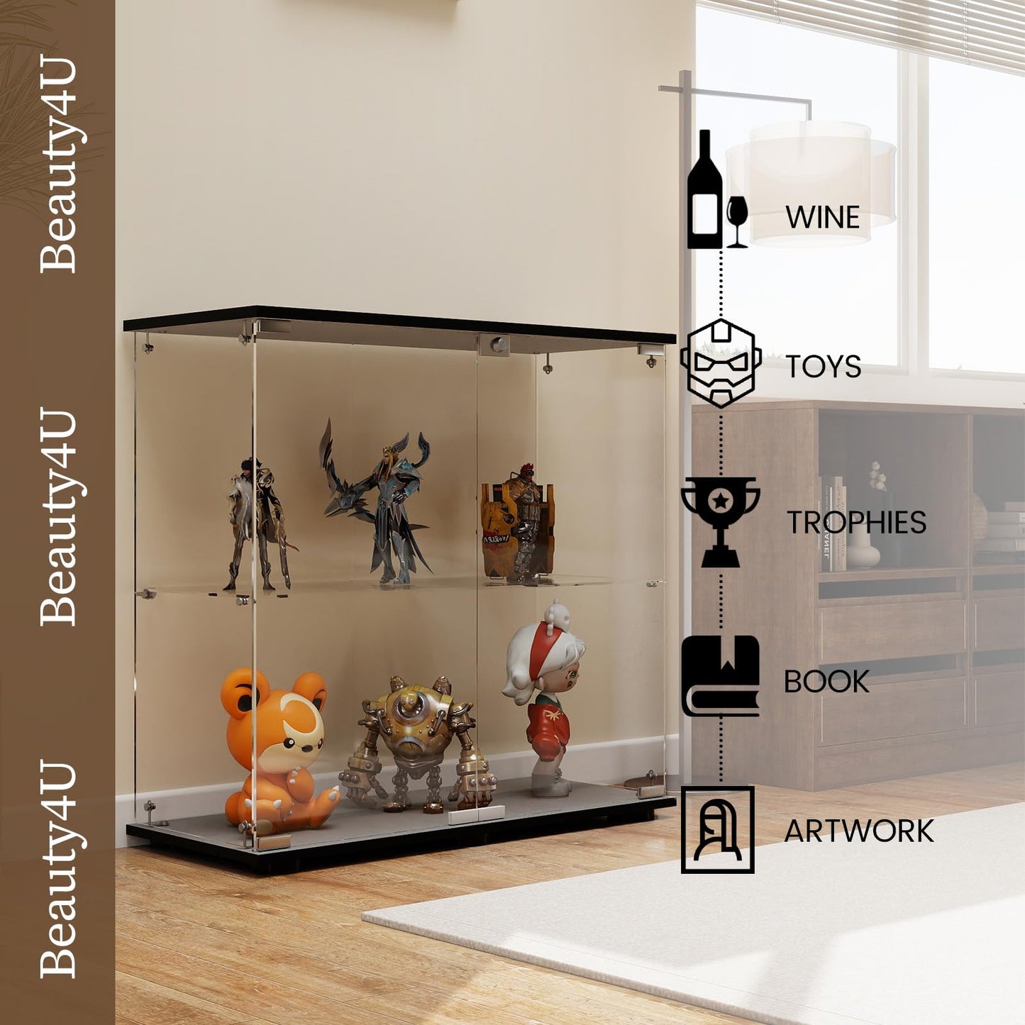 Beauty4U 2-Shelf Double Door Glass Display Cabinet, 83cm Tall, Black