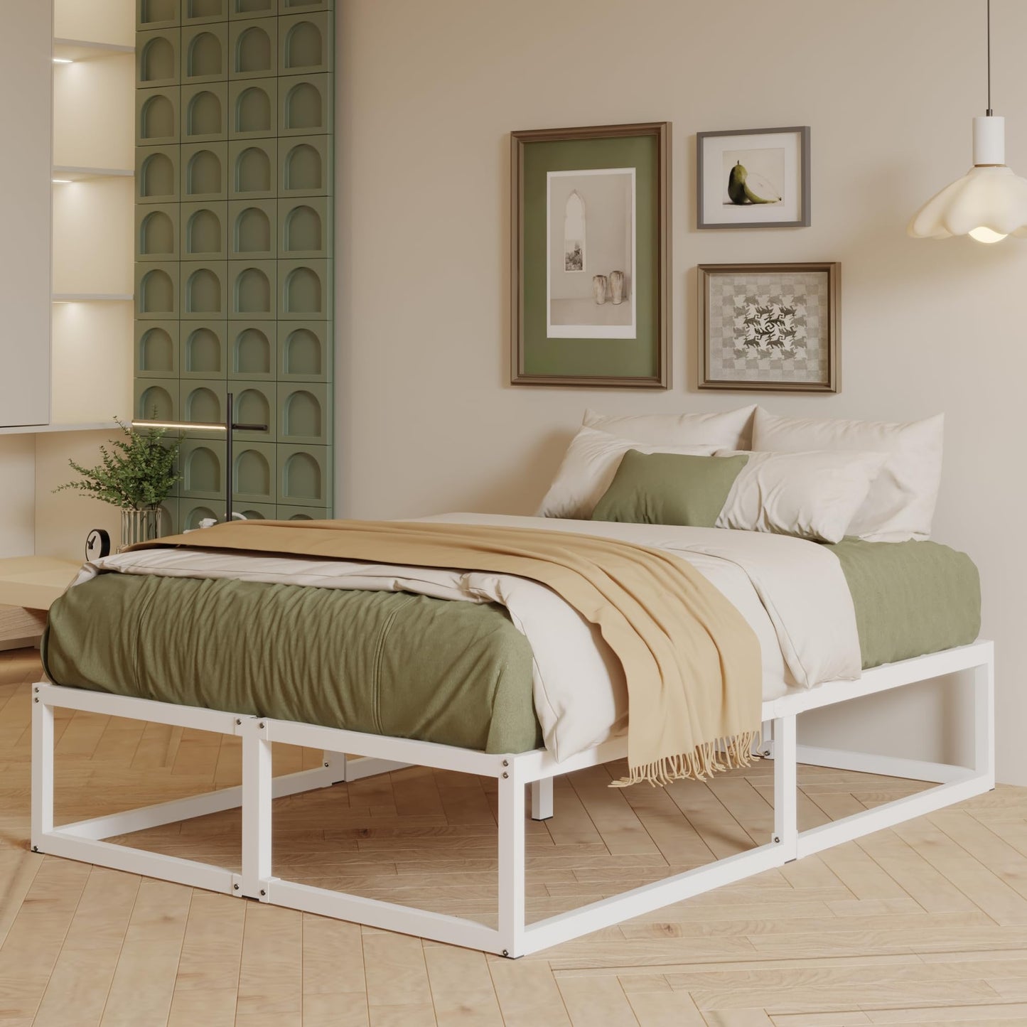 EMODA Metal Bed Frame 36cm High with Steel Slats Support, 160 x 190cm Heavy Duty Bed Frame Solid Platform, Noise Free, Easy Assembly, White