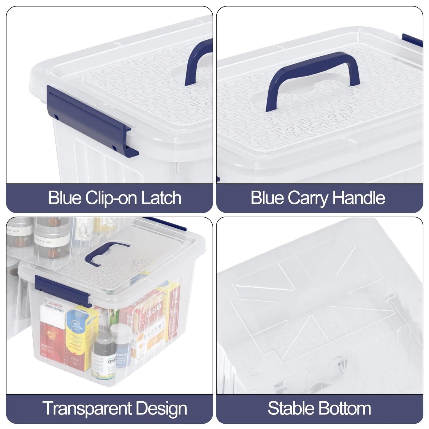 Ziglous 12 L Clear Plastic Storage Boxes with Lid and Handle, 6 Packs, Blue