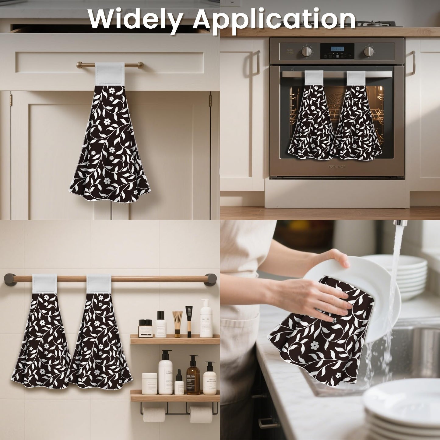 CUTHOLLOW 2 Pcs Black and White Flowers Hanging Kitchen Towels with Loop