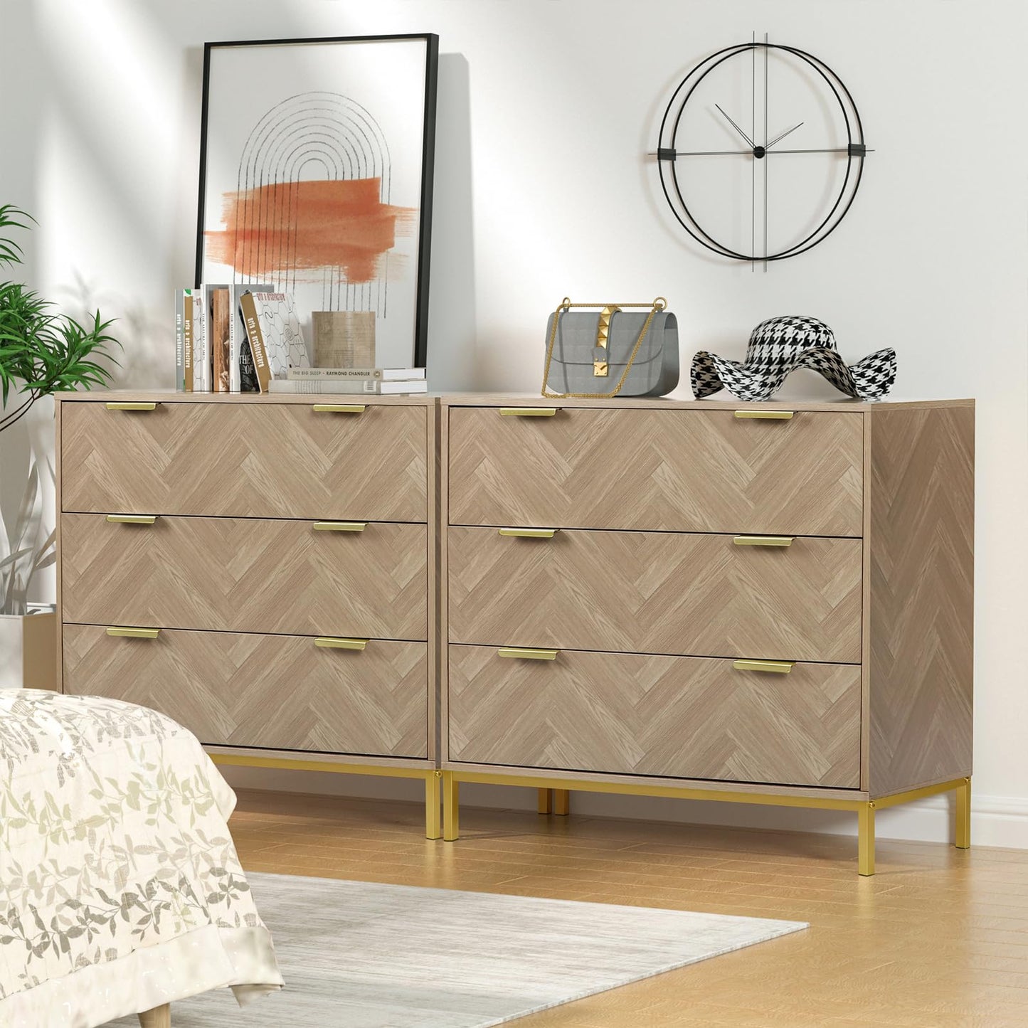 Skokliz Modern 3 Drawer Chest of Drawers for Bedroom, Mid Century Natural Oak Modern Dresser Wooden Storage Unit Bedroom Furniture with Spacious