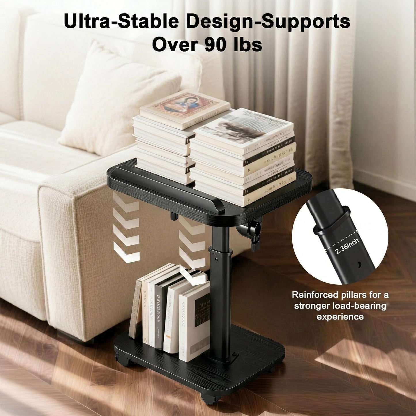Lubeau Adjustable Side Table with Wheels, C Shaped Side Table Adjustable Height 180° Flip-Over Panel Design, End Table with Phone/Tablet Slot