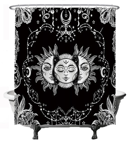 Ulticool Shower Curtain Sun Moon Zodiac Tarot Nature Bohemian Anti-mildew Effect Washable Waterproof with 12 Rings Black-White 180x200cm