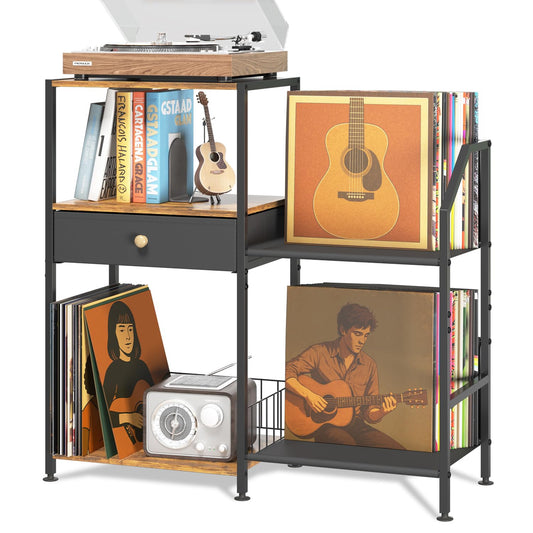 iDavosic.ly Record Player Stand, 3 Tier Vinyl Storage Shelf with Turntable Holder, Side Table with Display Rack Up to 200 Albums, Rustic End Table