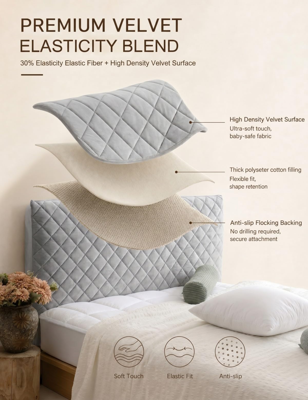 Bed Headboard Cover ‌Double, Quilted Thicken Protector Light grey,150x70cm
