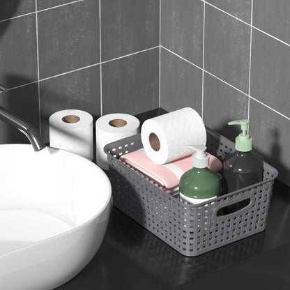 Vareone Plastic Storage Basket with handles, Stackable and Nestable Medium basket for Bathrooms, Bedroom and Kitchen, L25 x W19.5 x H10 cm 6 Pack