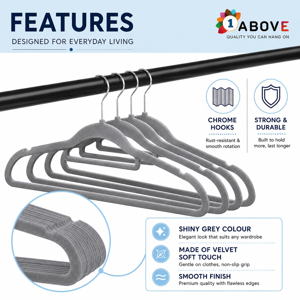 1ABOVE Premium Quality 20 pack Non-Slip Velvet Hangers (44cm) Heavy Duty Velvet Suit Hangers with Tie Bar, 360° Swivel Hooks – Space saving