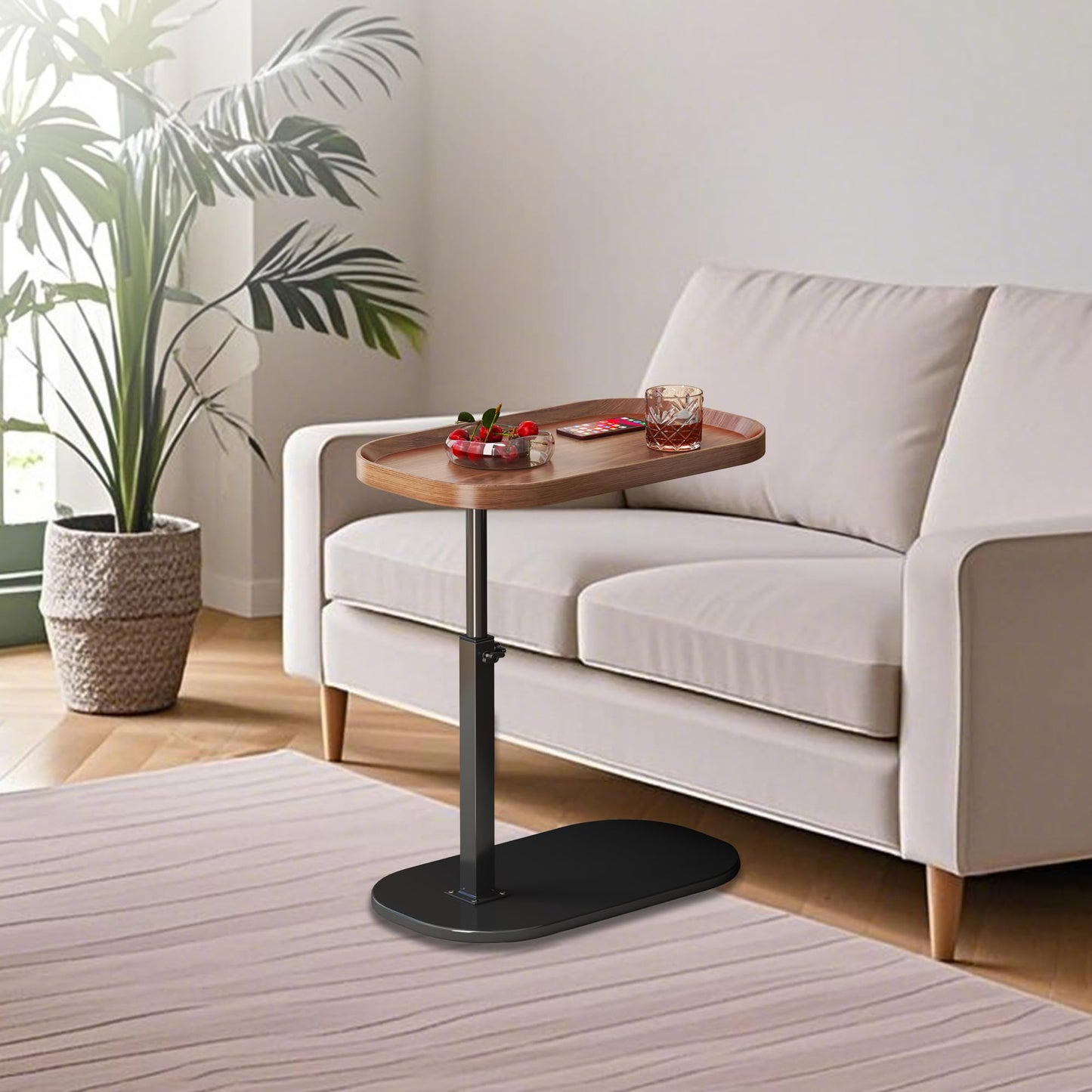 Adjustable Height C Shaped Side Table, Lift up Laptop Tv Tray for Sofa and Bedside, 360°Swivel Small Coffee C Table, Modern Under Sofa Table