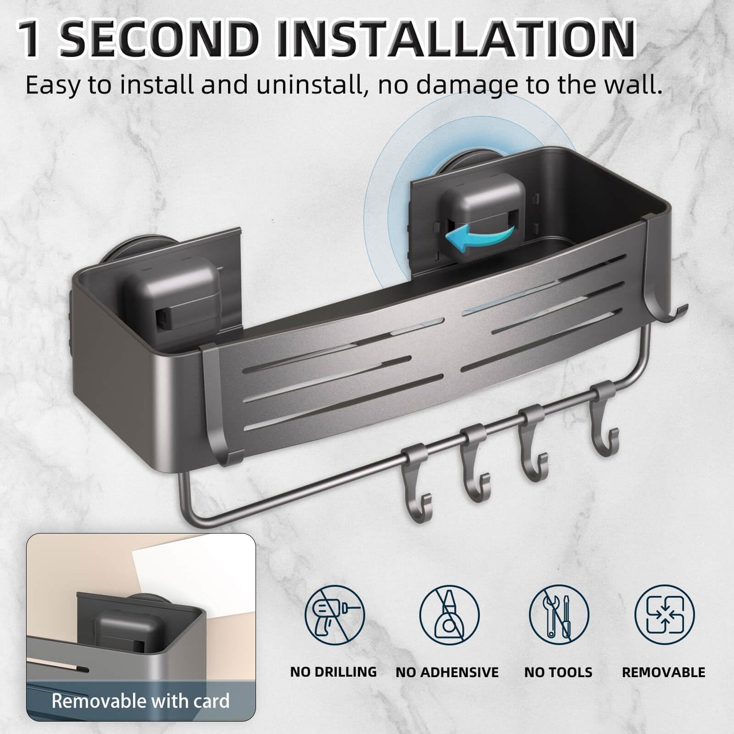 Onemake Suction Cup Shower Caddy, Shower Shelf, Bathroom Organiser, Gray