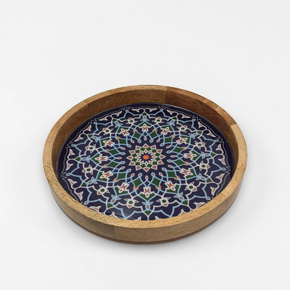 Woodmede Mango Wood Artisan Side Table 18” – Handmade Round Accent Table with 36cm Resin-Coated Enamel Top