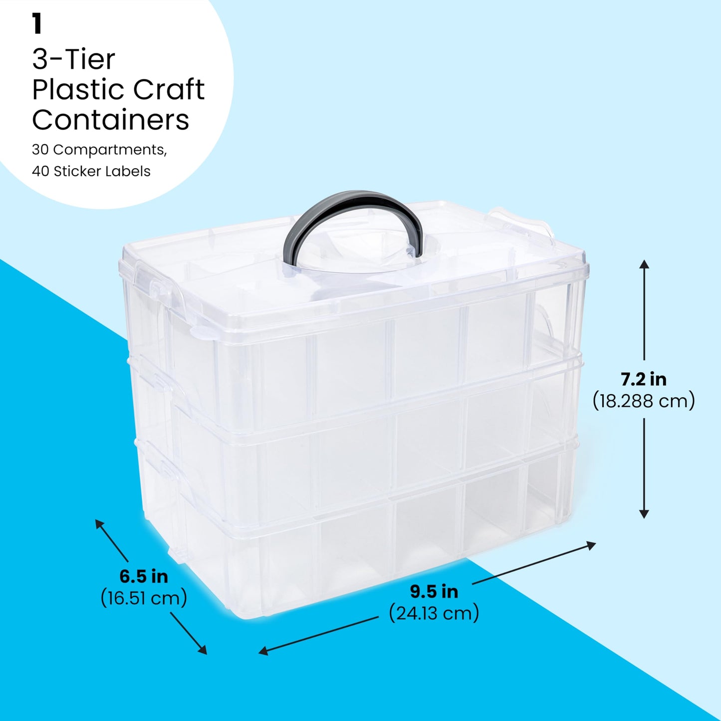 Bright Creations 3-Tier Stackable Plastic Craft Storage Containers with 30 Compartments and 40 Sticker Labels (9.5 x 6.5 x 7.2 Inch)