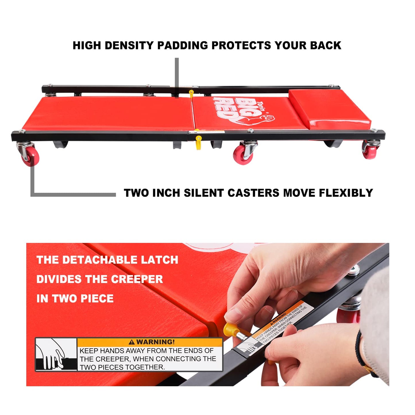 Torin BIG RED Rolling Garage/Shop Creeper: 2-Piece, 36" Padded Mechanic Cart with Headrest and 6 Casters, Alloy Steel Plastic