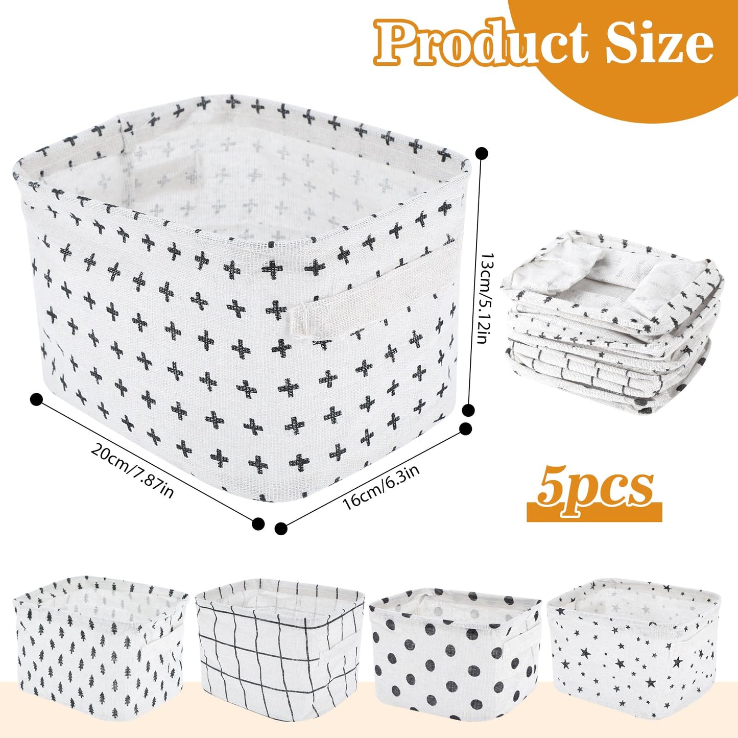 Haocjanc 5 Pack Small Fabric Storage Baskets, Collapsible Square Bathroom Storage Baskets, Waterproof Basket Organizer with Handles
