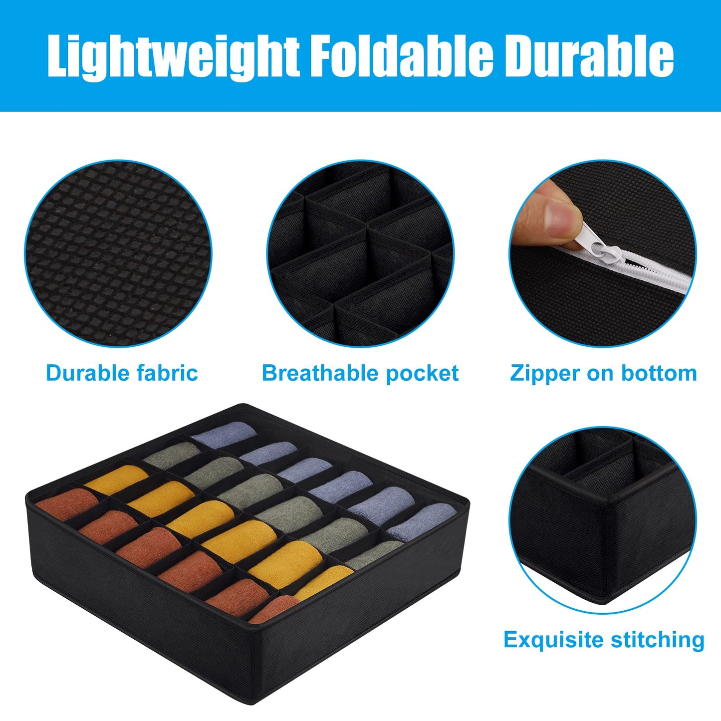 Yorgewd Drawer Organisers - 2 Pack, Foldable Dividers Wardrobe Closet Storage Box for Socks, Ties, Underwear (Black)