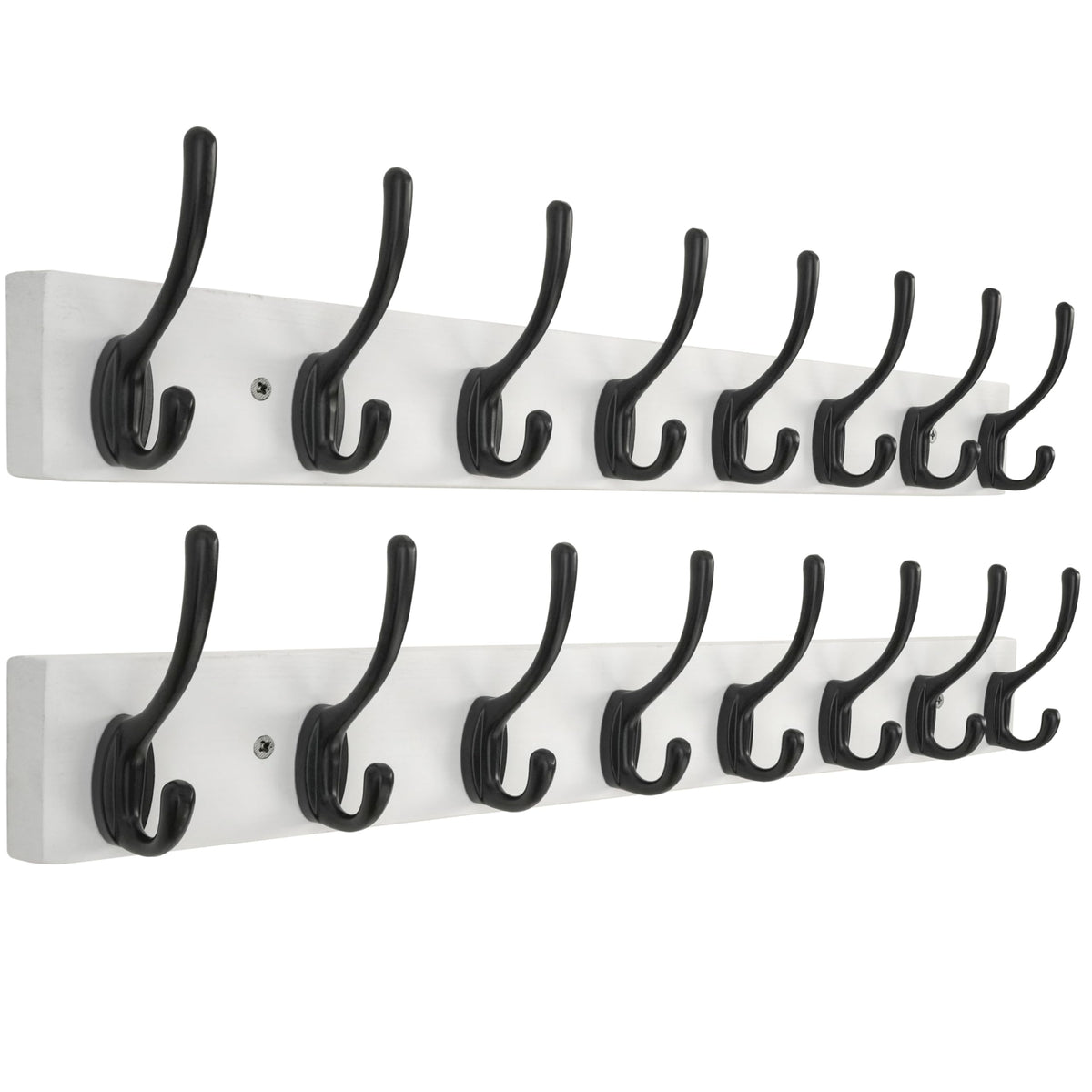 HONSKY Wall Coat Rack with 8 Double Hooks,Wooden Coat and Towel Hanger Storage for Entryway, Bathroom, Bedroom, Garage,White Base/Black Hook,2 Pack