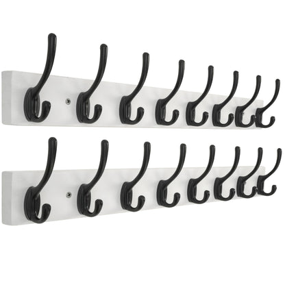 HONSKY Wall Coat Rack with 8 Double Hooks,Wooden Coat and Towel Hanger Storage for Entryway, Bathroom, Bedroom, Garage,White Base/Black Hook,2 Pack