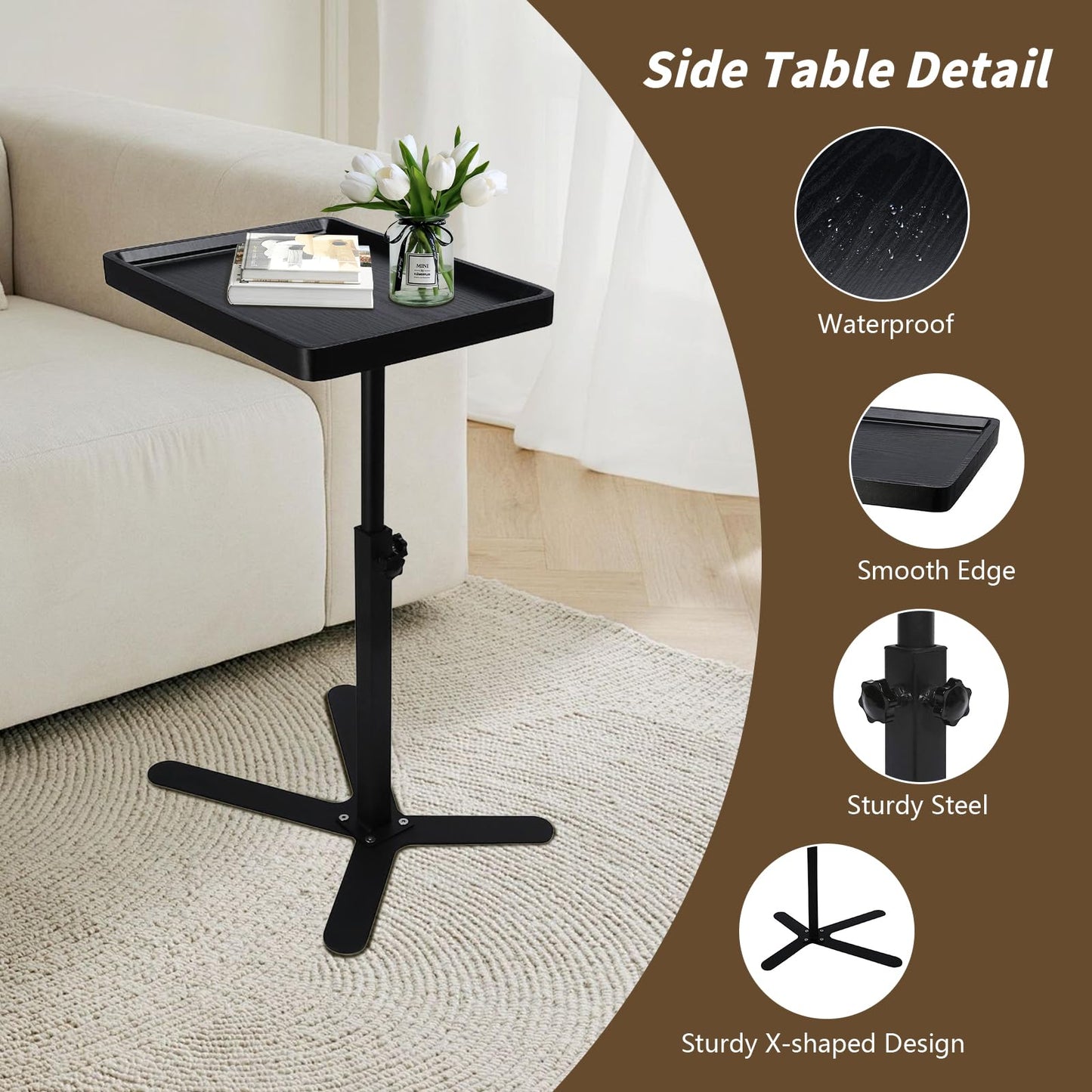 XUDREZ Adjustable X Shaped Side Table with360° Swivel Tabletop, End Table for Living Room Bedroom Sofa Bathtub Bedside Nursing