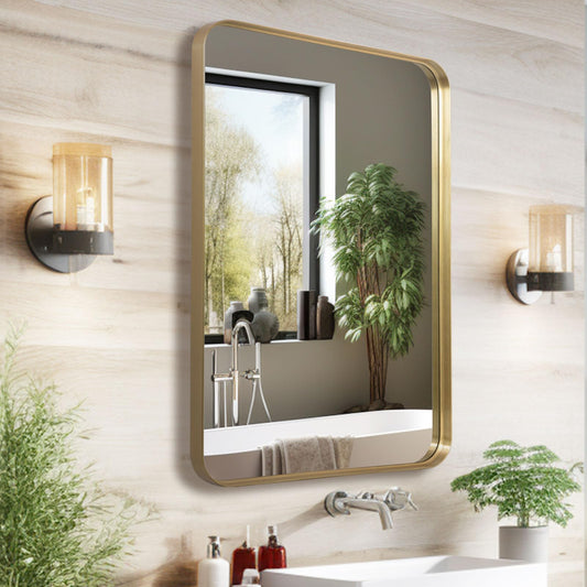 LunaMirror Wall Mirror 50x75 CM Wall-Mounted Bathroom Vanity Mirror Stylish Gold Mirror Wall Decor Rectangle Wall Hanging Mirror with Curved Corners