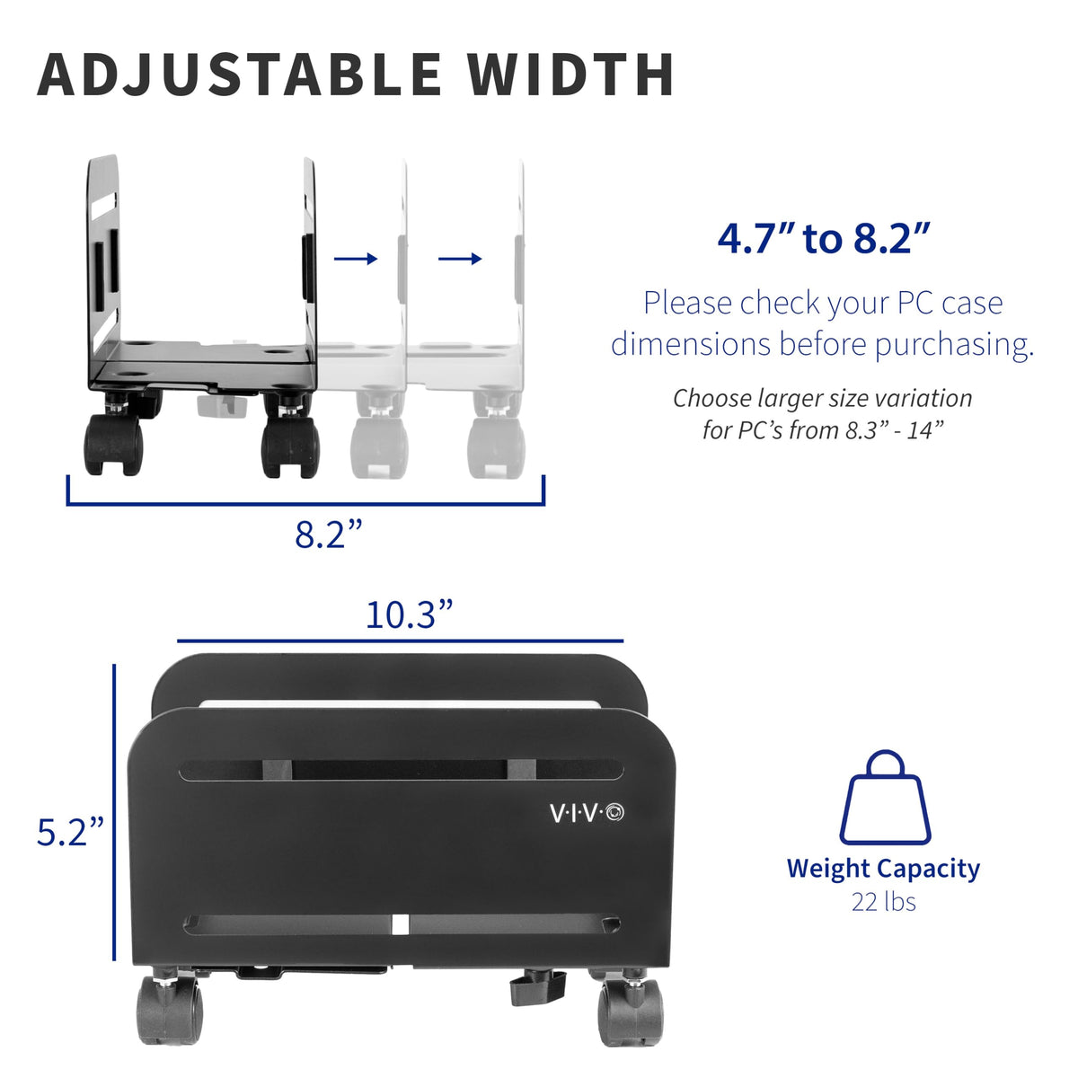 VIVO Computer Tower Desktop ATX-Case, CPU Steel Rolling Stand, 4.7 to 8.2 inch Wide Adjustable Mobile Cart Holder with Locking Caster Wheels