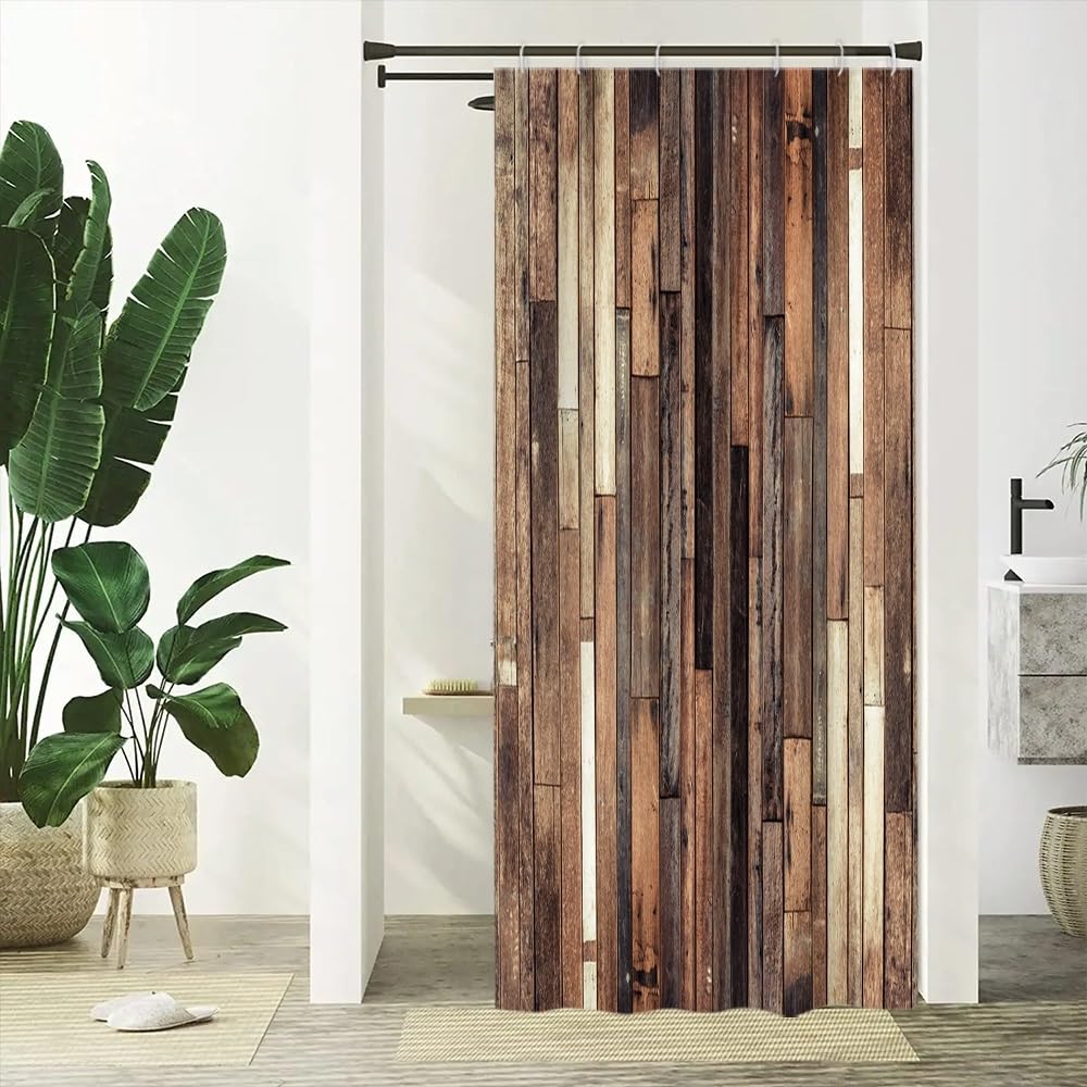 Xiaoterna Vintage Wooden Board Shower Curtain Brown Old Wood Plank Textured Waterproof Bathroom Curtain Retro Western Country Farmhouse Barn Home