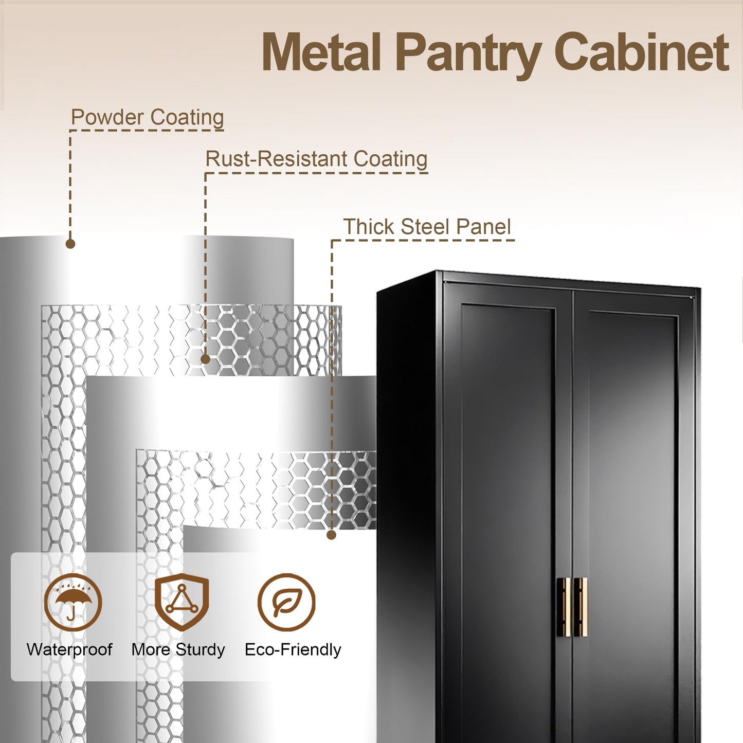 Tall Kitchen Cupboard, 180cm Metal Storage Cabinet, Black, 180*70*35cm
