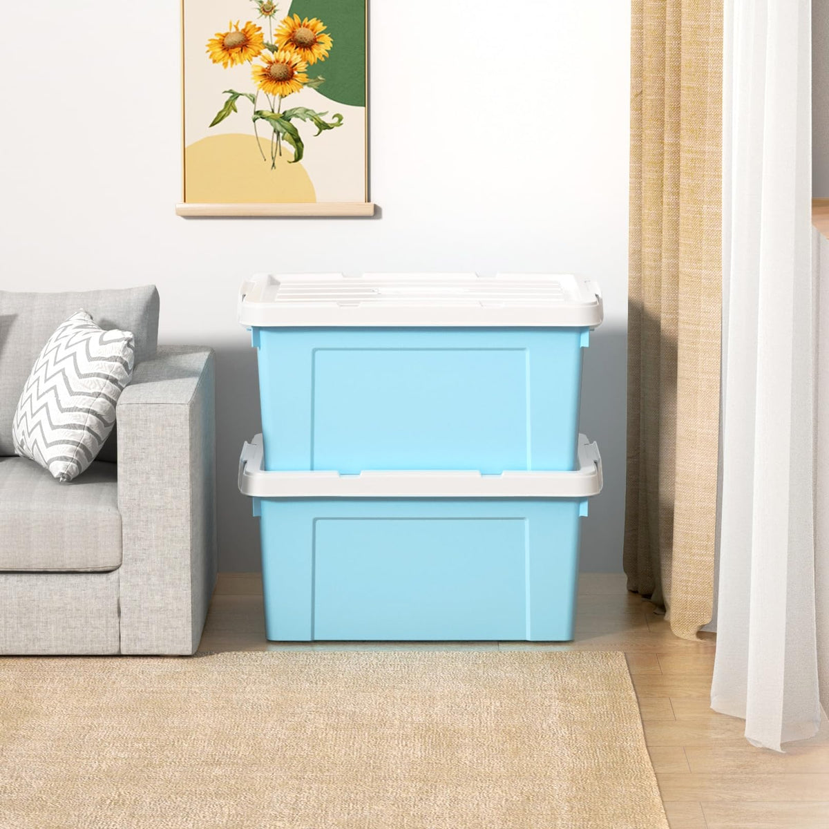 Cetomo 35L*3 Storage Boxes, Carry Plastic Storage Box with Lids, Organizing Container with Handle and Secure Latching Buckles, Stackable, Nestable