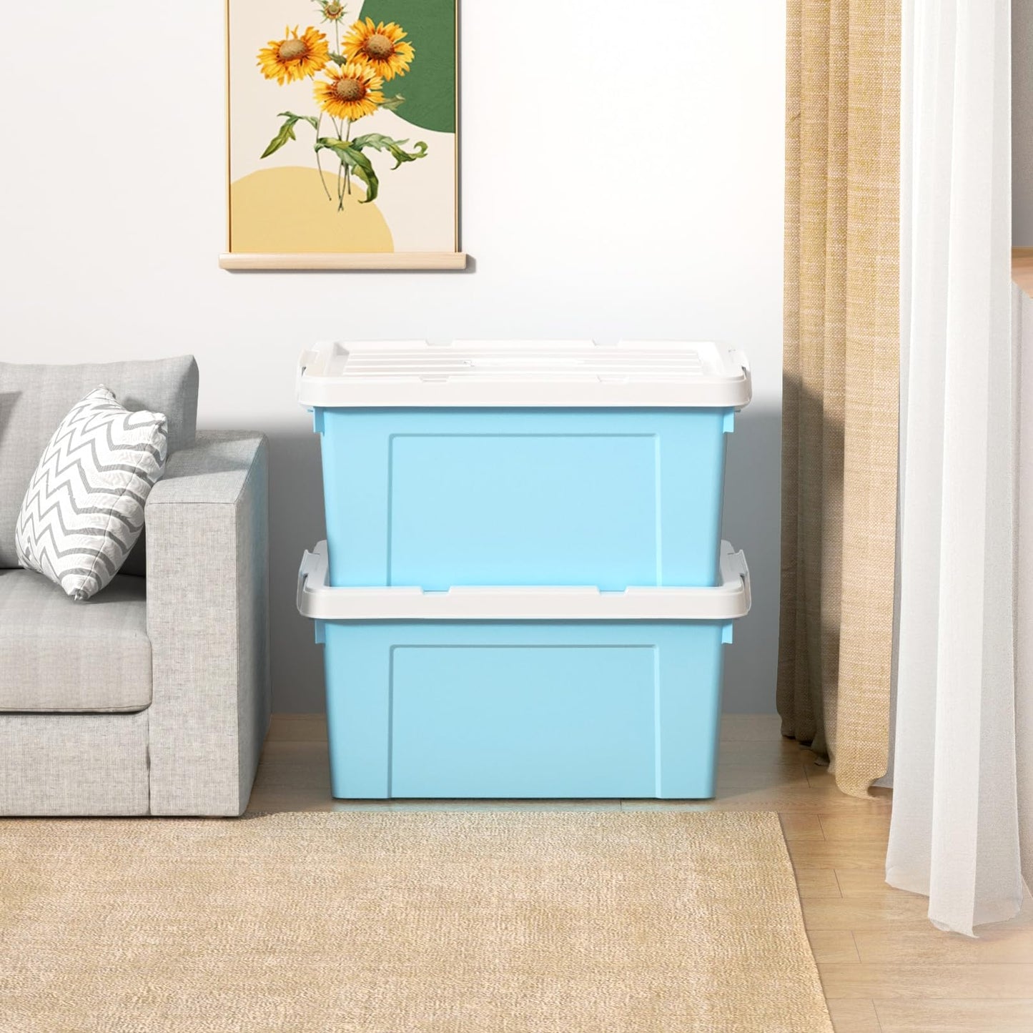 Cetomo 35L*4 Storage Boxes, Carry Plastic Storage Box with Lids, Organizing Container with Handle and Secure Latching Buckles, Stackable, Nestable