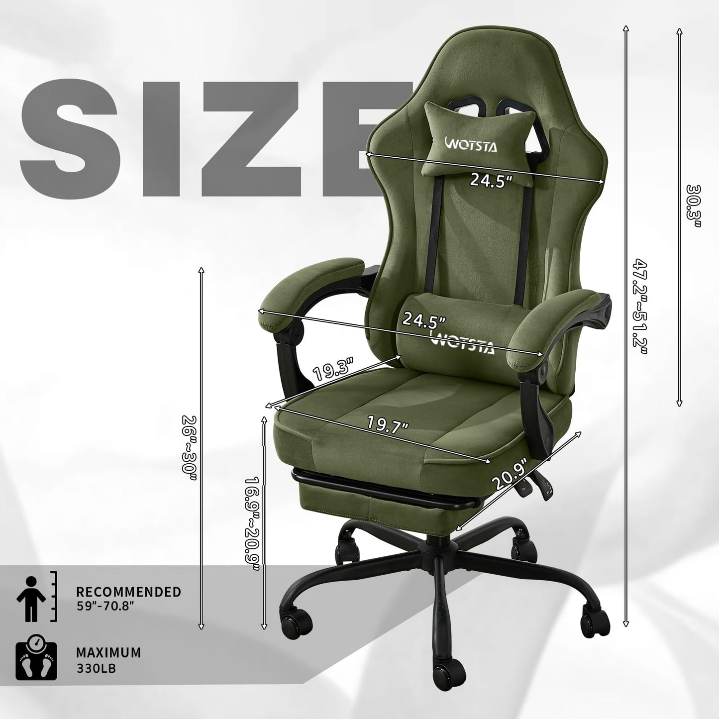 WOTSTA Gaming Chair for Adults, Ergonomic Gaming Chair with Footrest, Lumbar Support and Headrest, Adjustable Height computer chairs gaming
