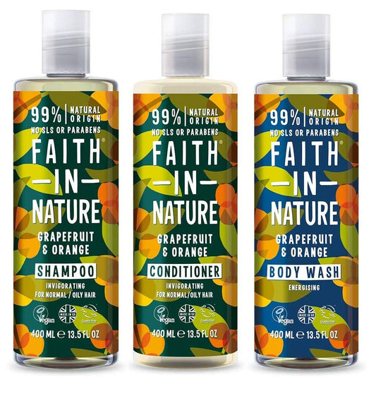 Faith In Nature Grapefruit and Orange Shampoo, Conditioner and Body Wash Trio | Vegan | Cruelty Free | 99% Natural Fragrance | Free From SLS or