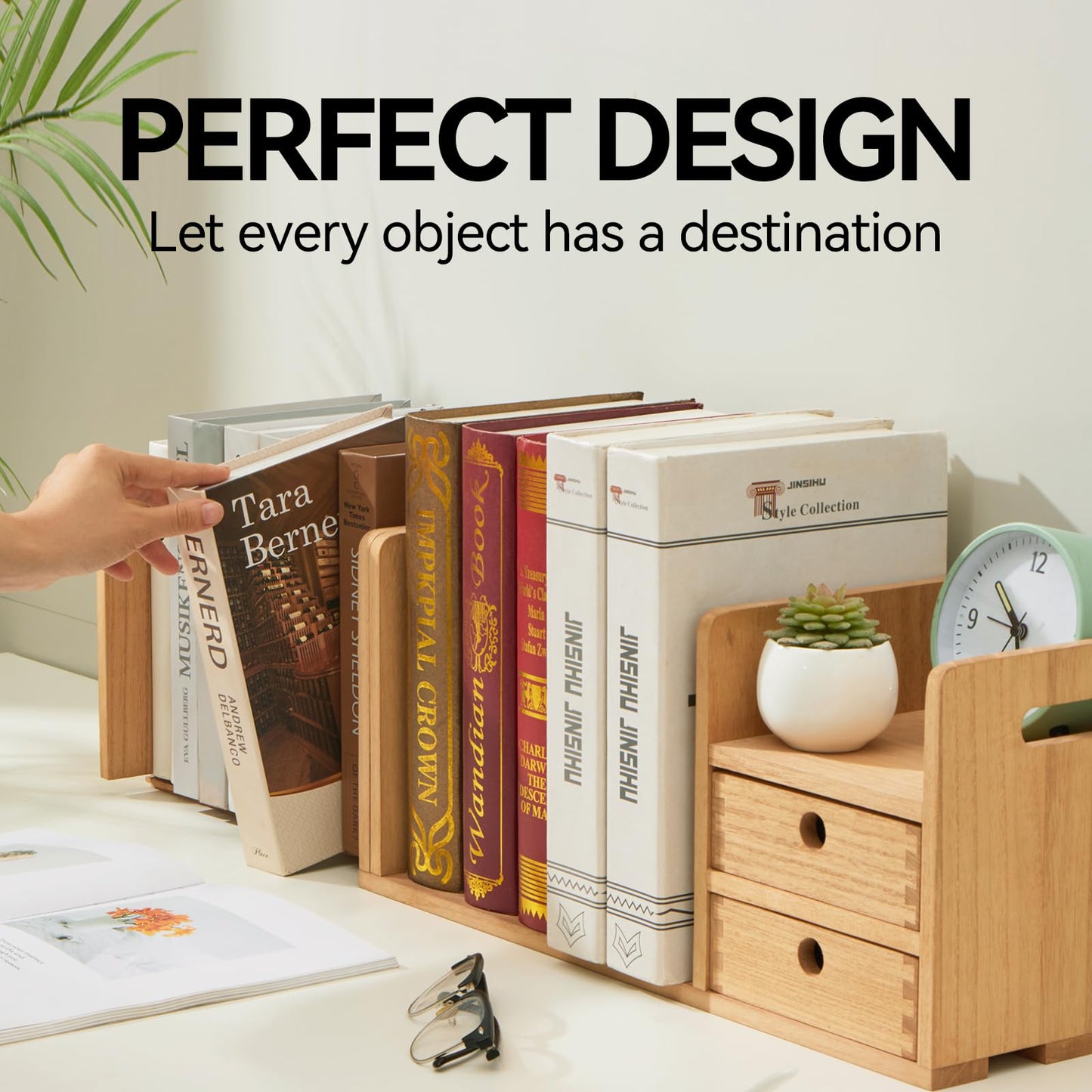KIRIGEN Desktop Wooden Bookshelf, Expandable Book Organiser with 2 Drawers Desktop Bookcase Multifunction Storage Organizer Book Display Rack Home
