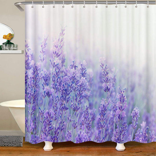 Loussiesd Lavender Shower Curtain Botanical Floral Bath Curtain Violet Flowers Bathroom Shower Curtain Set for Stalls Bathtubs Lavender Field Garden