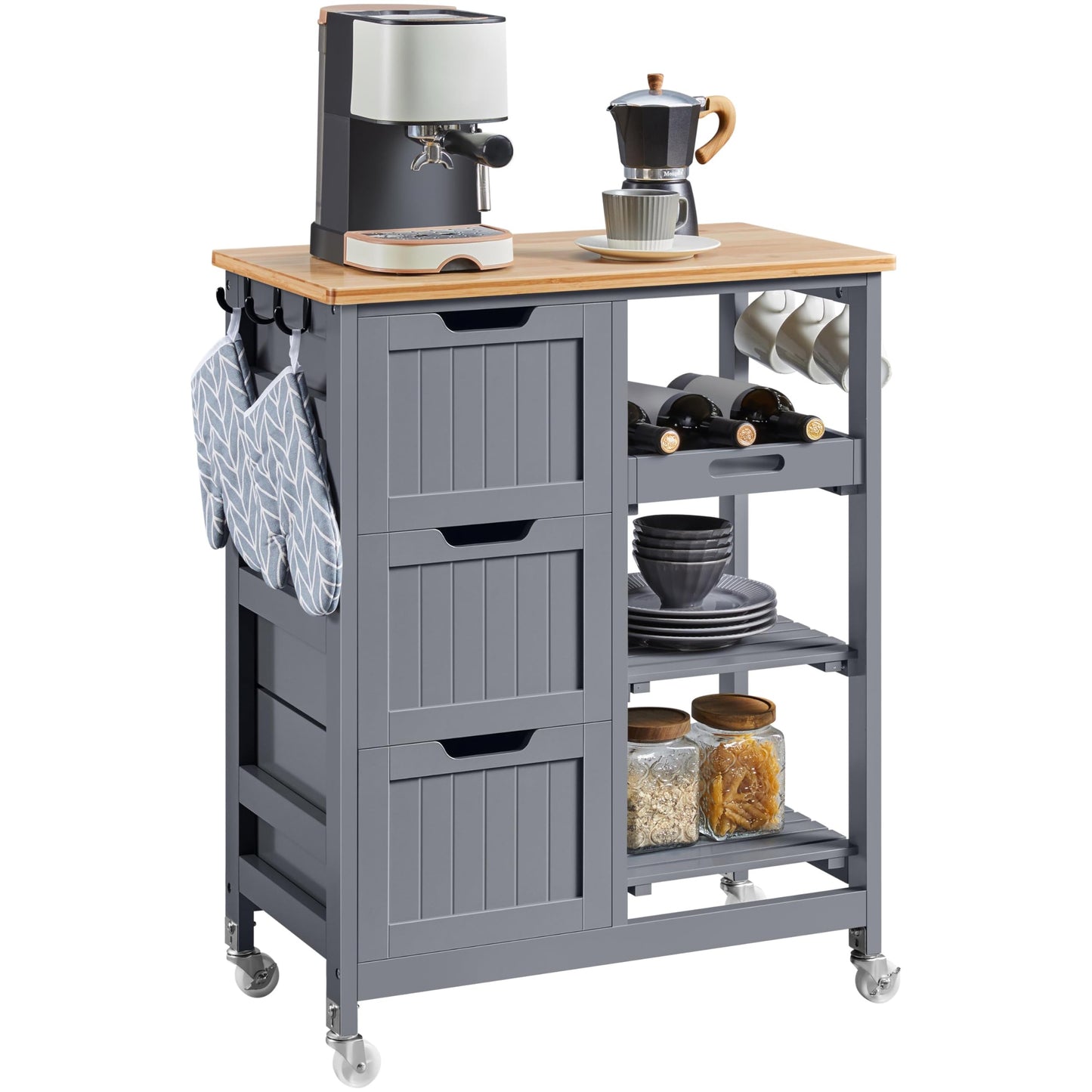 Yaheetech Rolling Kitchen Trolley Kitchen Island Cart with 3 Shelves Grey